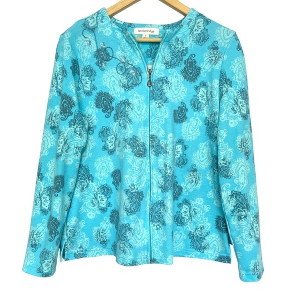 Breckenridge Zip-Up Cardigan Jacket Womens M Blue‎ Paisley Knit Long Sleeve